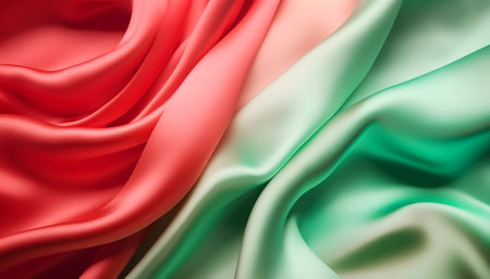 Close-up of luxurious pastel silk fabric with a dreamy blend of mint green and coral colors. Soft, smooth texture.の写真素材