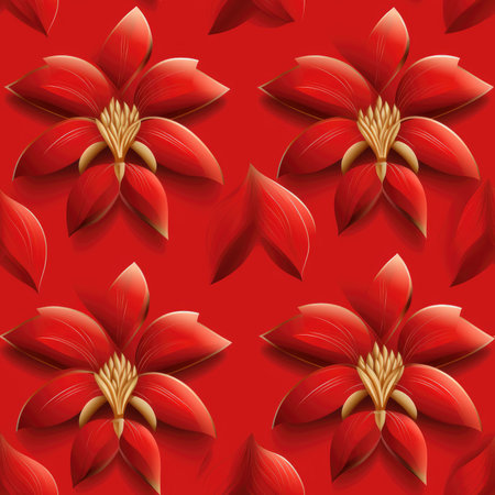 A stunning red floral seamless pattern featuring luxurious gold accents. Perfect for backgrounds, wallpapers, or festive designs.の写真素材