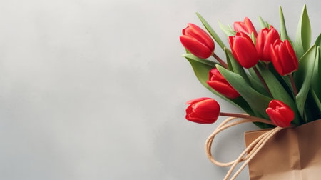 Red tulips in a brown paper bag. Perfect for Valentine's Day.の写真素材
