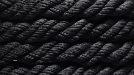 Close-up view of dark, twisted ropes creating an abstract texture. High contrast and monochrome photography.の写真素材