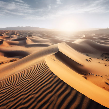 Stunning sunrise over expansive desert dunes. Golden sand creates a breathtaking landscape.の写真素材