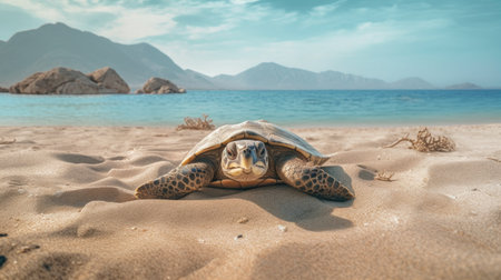 A sea turtle rests on a sunny beach, mountains and blue ocean in the background. Peaceful summer scene.の写真素材