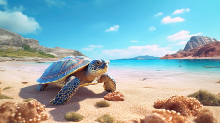 A stunning sea turtle crawls on a pristine sandy beach, turquoise waters and majestic mountains...