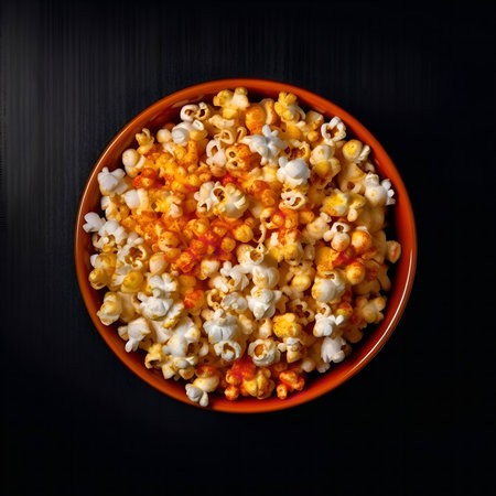 A bowl of spicy popcorn overhead shot. Delicious snack.の写真素材