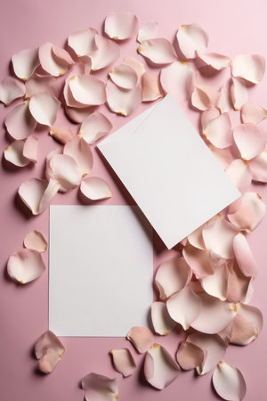 Pink rose petals strewn around two blank cards, perfect for wedding invitations or romantic messages.の写真素材