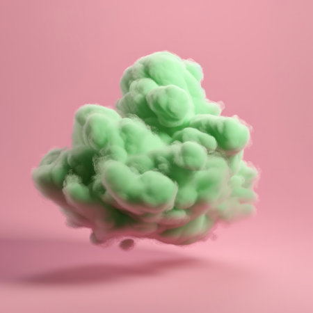 A dreamy green ink cloud floats against a soft pink backdrop. The image is abstract, vibrant and full of fluid texturesの写真素材