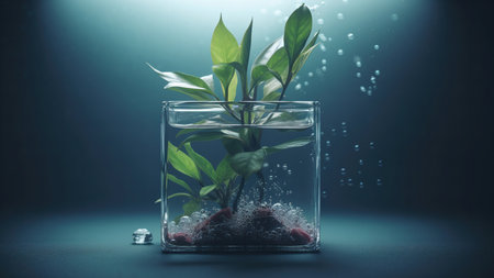 A single plant thrives in a submerged glass cube, bubbles rising to the surface. Serenity and...