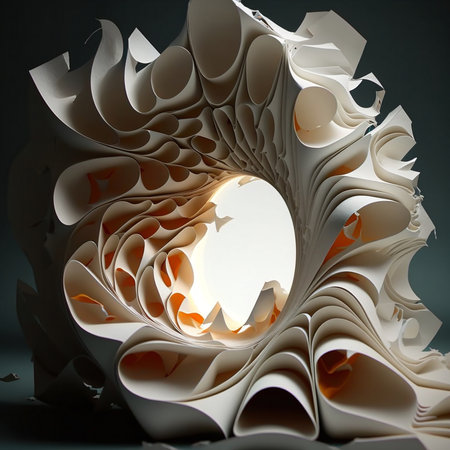 Close-up view of an abstract paper sculpture. The intricately designed is created by numerous curled and folded sheets of paper, creating a dynamic and visually engaging piece of art.の写真素材