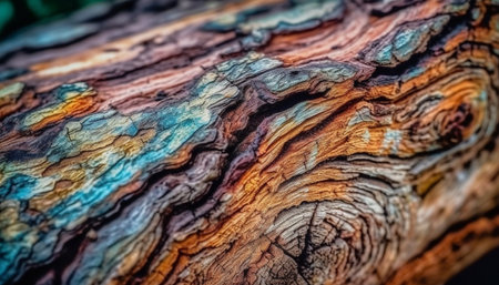 Close-up view of weathered wood displaying intricately patterns and vibrant colors. And the testament is nature's artistry.の写真素材