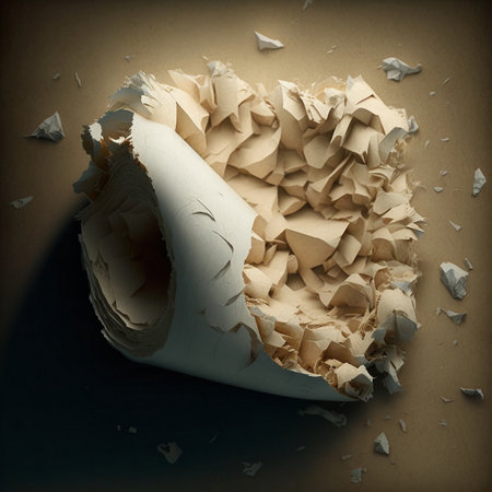 Close-up of a shattered piece of paper, showing its fragmented texture and delicate details. The image emphasizes destruction and fragility.の写真素材