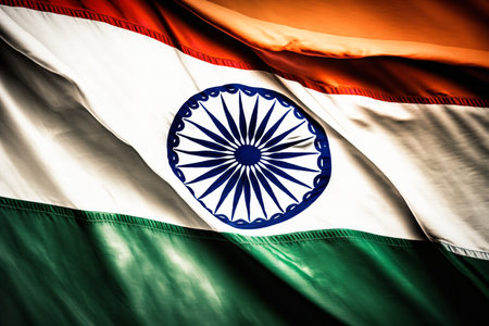 Close-up view of the Indian national flag, showing its rich colors and intricate details. A symbol...