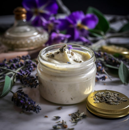 A jar of homemade lavender cream sits among purple flowers. Natural and luxurious.の写真素材