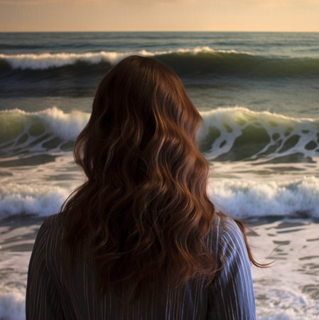 A woman with long brown hair stands facing the ocean, waves crashing in the background. Serenity and...