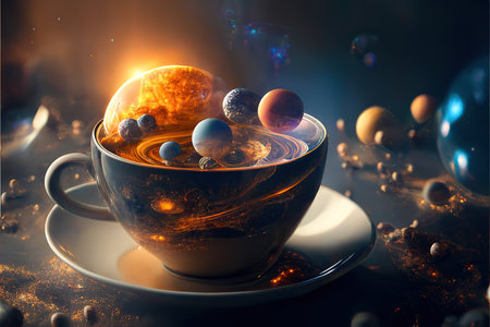 A surreal image depicting a cup containing a miniature universe, complete with planets and a sun.の写真素材