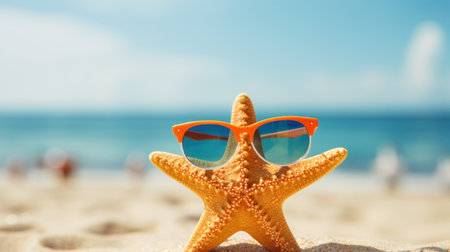 A starfish wearing sunglasses on a sunny beach. Summer vacation vibes!の写真素材