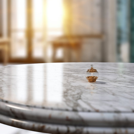 A small golden glass ornament sits on a polished marble table. The background is a blurred bright interior.の写真素材
