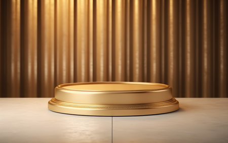 A golden round podium on a white surface, set against a backdrop of luxurious gold curtains. Perfect for product displays.の写真素材