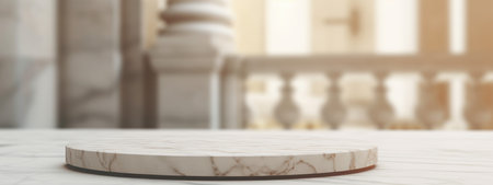 A pristine round marble platform sits on a marble surface, with a softly blurred background suggesting an elegant interior.の写真素材