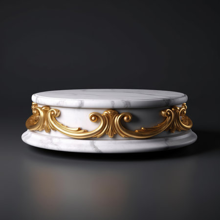A pristine white marble pedestal, adorned with a band of intricately gold detailing. Ideal for product display or as an elegant home decor piece.の写真素材