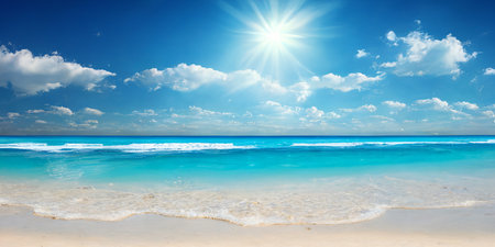 A vibrant beach scene with turquoise water, sunny sky and soft waves. Perfect summer escape.の写真素材