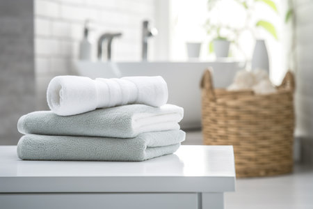 A stack of fresh, white and light green towels on a white table in a modern, clean bathroom.の写真素材