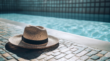 A straw hat rests by a shimmering pool, evoking summer relaxation and tranquility.