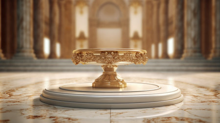 A golden bowl with intricate details sits on a marble pedestal inside a grand hall.の写真素材