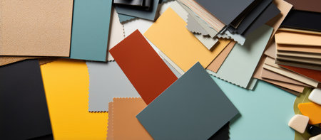 An overhead shot showcases a vibrant array of paint samples, offering a diverse spectrum of colors and textures.の写真素材