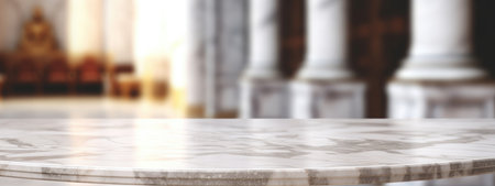 A close-up of a pristine marble table against a blurred background of a luxurious interior, perfect...