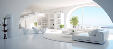 A stunning, modern white living room with panoramic ocean views and a curved staircase.