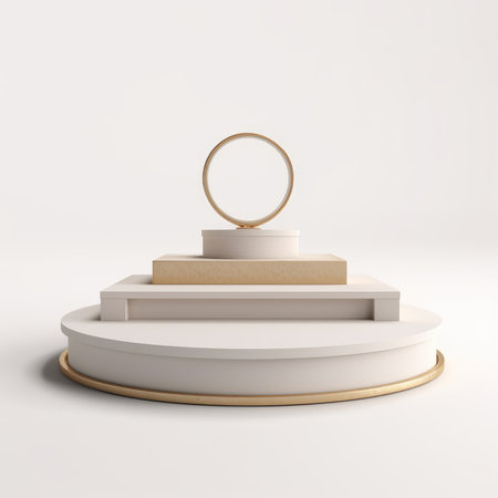 A pristine white and gold tiered display stand, perfect for showcasing products or jewelry. Minimalist design.の写真素材