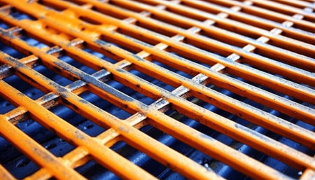 Detailed close-up of an orange metal grate, showing its texture and pattern. Industrial and...