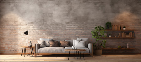 A modern living room with an exposed brick wall, a comfy sofa, wooden furniture, and stylish decor....