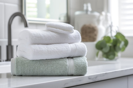 A stack of fluffy white and light green towels sits neatly on a marble bathroom counter.の写真素材