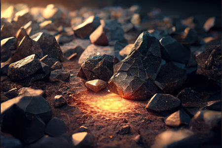 Close-up view of glowing embers amidst a pile of rough, dark rocks. The scene is dramatic and intense.の写真素材