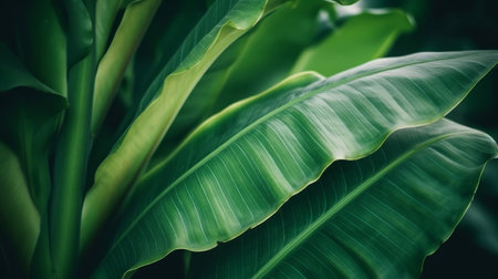 Close-up view of vibrant green banana leaves, showing their rich texture and natural beauty.の写真素材