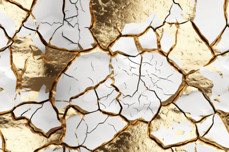 3D rendered abstract background featuring a cracked surface with gold and white contrasting elements. Luxurious and stylish.の写真素材