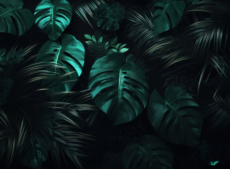 Dark moody image of vibrant green tropical leaves. Perfect for nature and botanical themed backgrounds.の写真素材