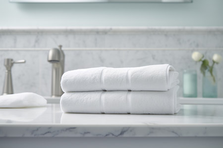 Stack of pristine white bath towels on a marble countertop in a modern bathroom setting.の写真素材