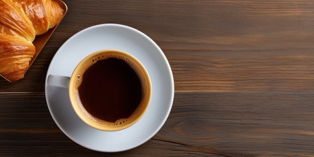 A top view of a cup of coffee and a croissant on a wooden table. Perfect breakfast!