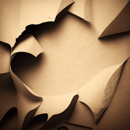 Close-up view of a crumpled beige paper with dynamic shapes and lighting effects, creating an abstract aesthetic.の写真素材