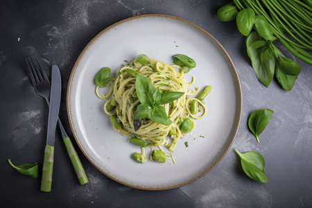 A plate of pasta with spring vegetables, delicious and healthy.の写真素材
