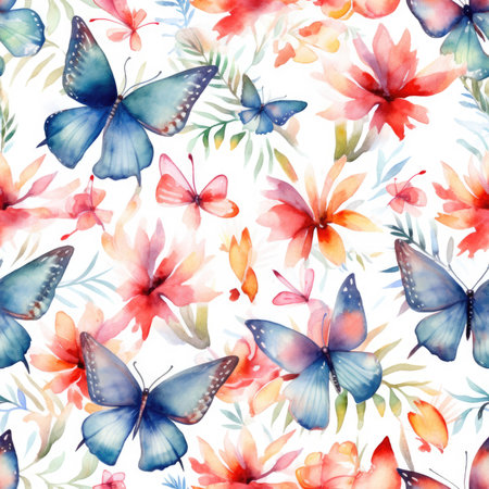 A beautiful seamless pattern featuring watercolor butterflies and flowers. Perfect for various design projects.の写真素材