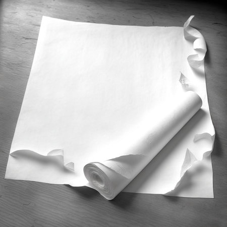 A grayscale photo showcasing a roll of white paper unfurling onto a flat surface. Abstract and minimalist design.の写真素材
