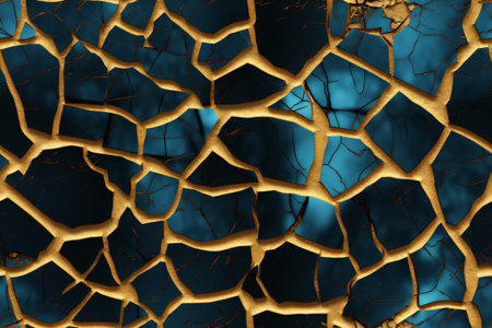 A digital artwork featuring a cracked surface, where gold lines intertwine over a teal backdrop, creating an abstract design.の写真素材