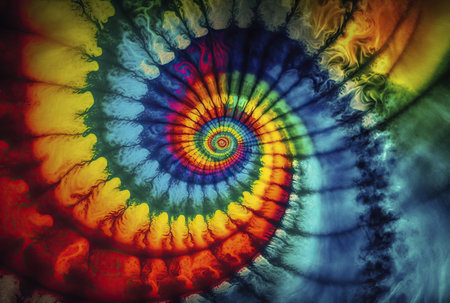 A mesmerizing image featuring a vibrant spiral tie-dye pattern, showing a spectrum of colors in a dynamic and swirling design.の写真素材