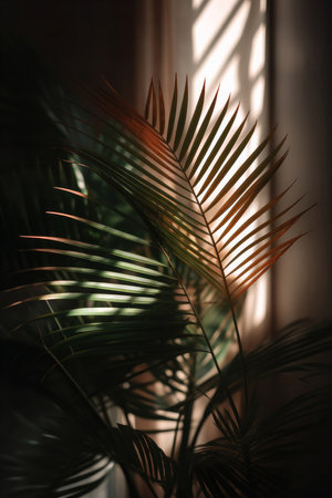 A close-up image of a palm plant bathed in sunlight, highlighting the intricate details of its...