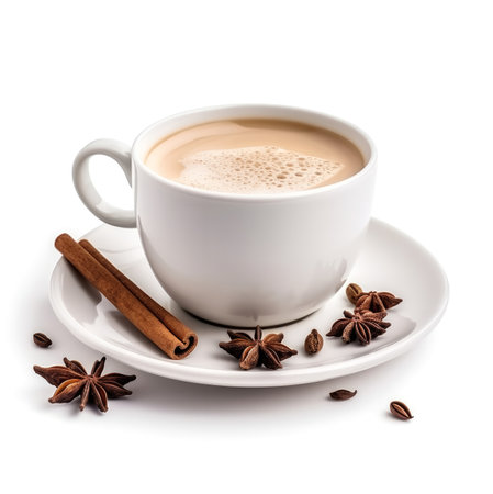 A steaming cup of spiced chai latte, adorned with cinnamon sticks and star anise. Perfect autumn warmth.の写真素材