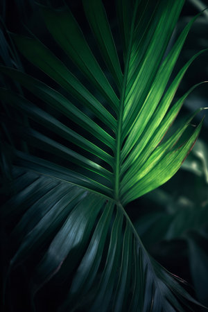 Close-up of a vibrant green palm leaf, showing its intricate texture and deep shadows. Tropical lushness.の写真素材
