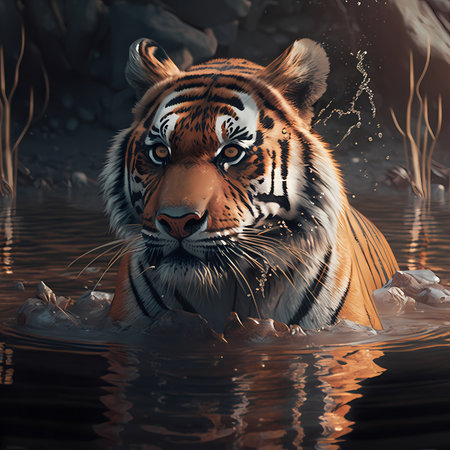 A stunning Bengal tiger emerges from dark water, its intense gaze captivating. The image conveys power and serenity.の写真素材